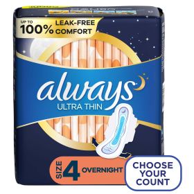 Always Ultra Thin Pads Overnight Absorbency Unscented with Wings; Size 4, 50 Count